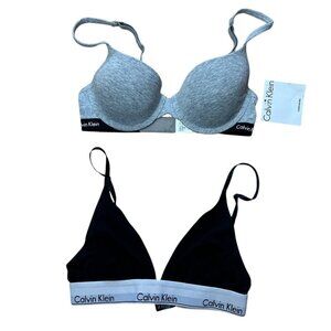 NWT CALVIN KLEIN Padded Grey Knit Bra Size 34B + Free Black Bra Size Small